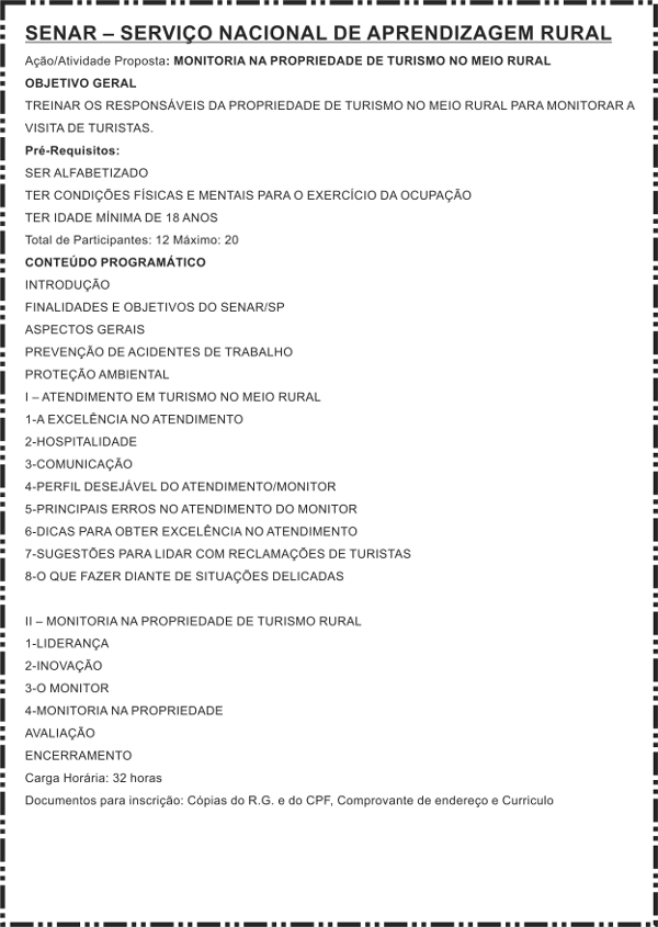 Inscrição para curso de Turismo no Meio Rural está aberta