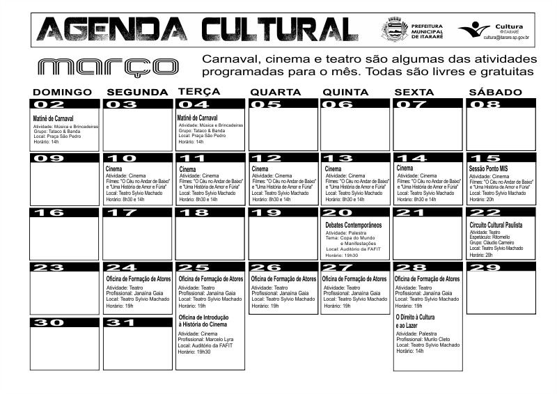 Confira o calendário cultural de março!